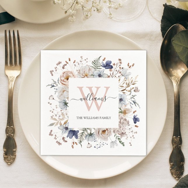 Elegant Monogram Pretty Beige Blue Flowers Floral Napkin (In situ)