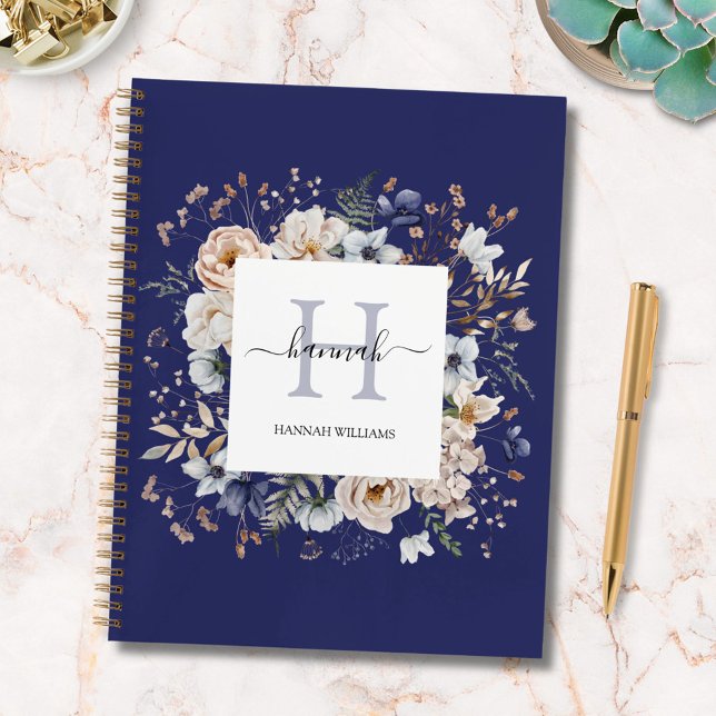 Elegant Monogram Pretty Beige Blue Flowers Floral Notebook (In situ)