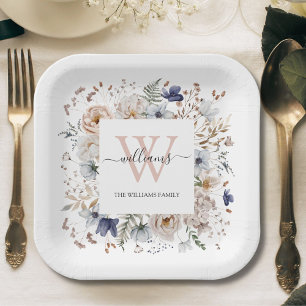 Elegant Monogram Pretty Beige Blue Flowers Floral Paper Plate