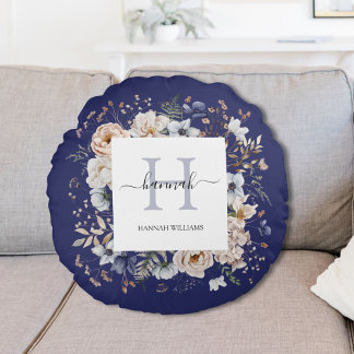 Elegant Monogram Pretty Beige Blue Flowers Floral Round Cushion
