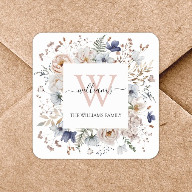 Elegant Monogram Pretty Beige Blue Flowers Floral Square Sticker (In situ)