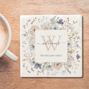Elegant Monogram Pretty Beige Blue Flowers Floral Stone Coaster