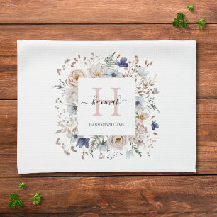 Elegant Monogram Pretty Beige Blue Flowers Floral Tea Towel