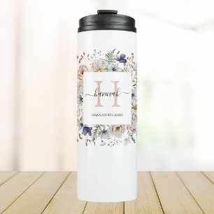 Elegant Monogram Pretty Beige Blue Flowers Floral Thermal Tumbler
