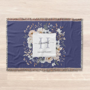 Elegant Monogram Pretty Beige Blue Flowers Floral Throw Blanket