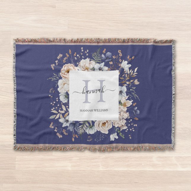 Elegant Monogram Pretty Beige Blue Flowers Floral Throw Blanket (In situ)