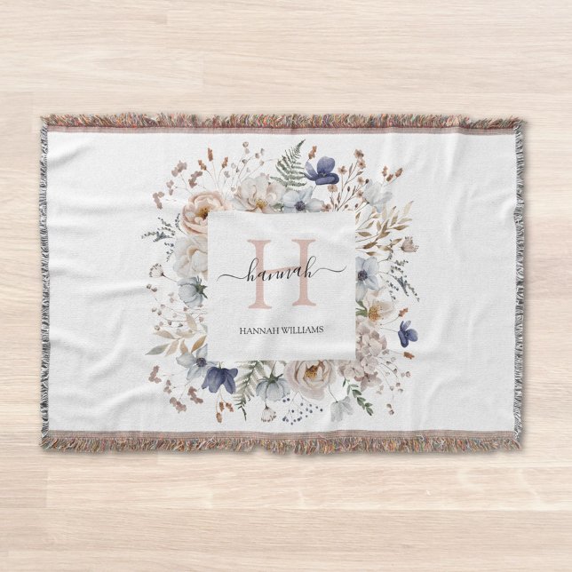 Elegant Monogram Pretty Beige Blue Flowers Floral Throw Blanket (In situ)