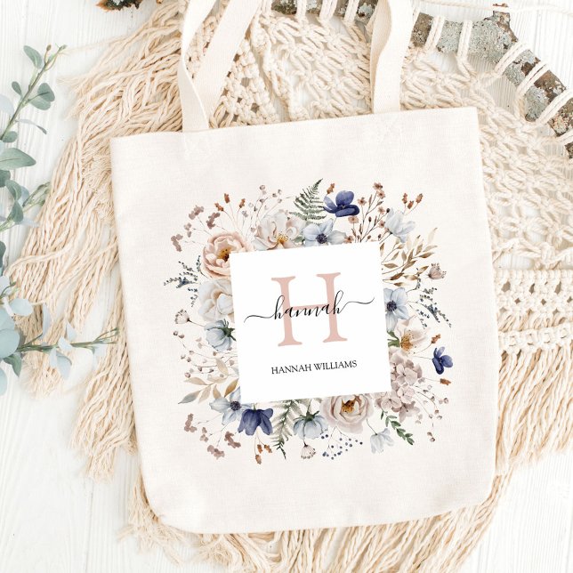 Elegant Monogram Pretty Beige Blue Flowers Floral Tote Bag (In situ)
