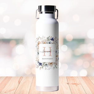 Elegant Monogram Pretty Beige Blue Flowers Floral Water Bottle
