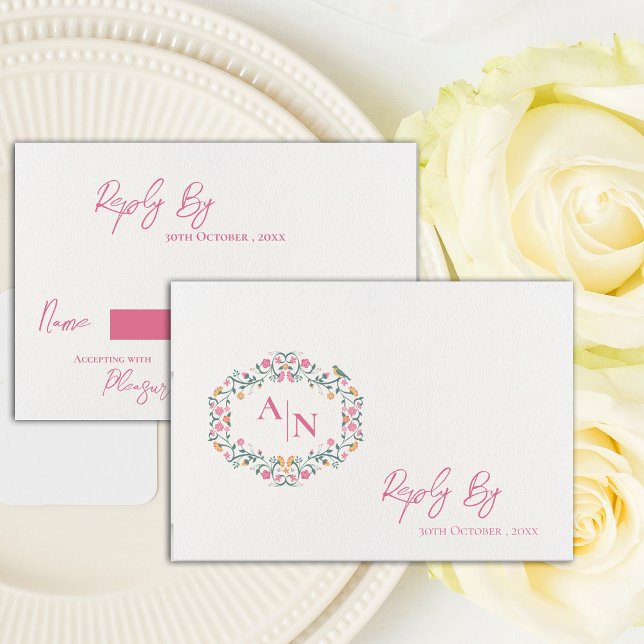 Elegant Monogram Pretty  Intricate Floral Wedding RSVP Card (Elegant Monogram Pretty Intricate Floral Wedding RSVP Card)