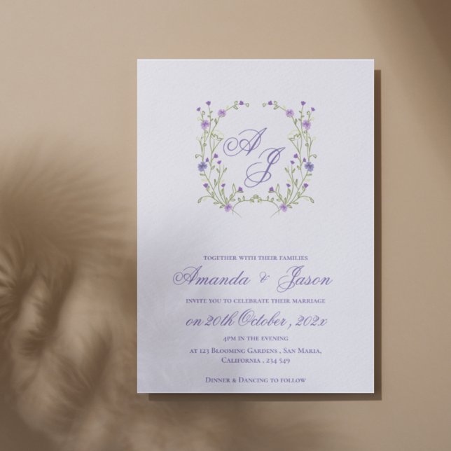 Elegant Monogram Pretty Purple Blue Floral Wedding Invitation (Elegant Monogram Pretty Purple Blue Floral Wedding Invitation)