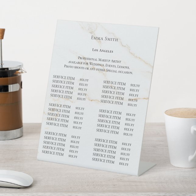 Elegant Monogram price list table top signs (In SItu)