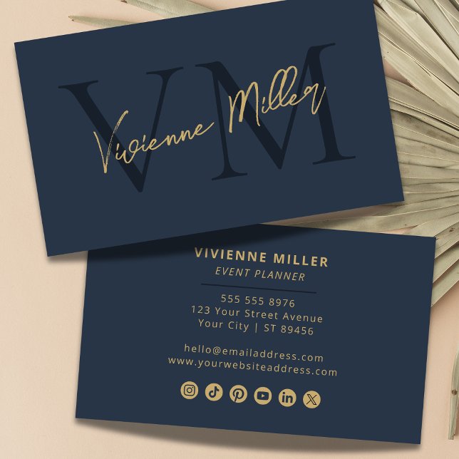 Elegant Monogram Professional Navy Blue Gold  Business Card (Elegant Monogram Professional Navy Blue Gold Business Card)