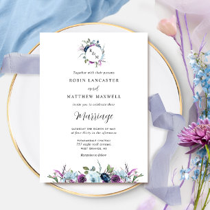 Elegant Monogram Purple and Blue Wedding Invitation