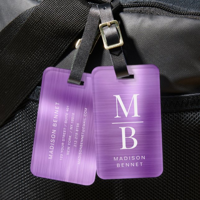 Elegant Monogram Purple Brushed Metallic Luggage Tag (Elegant Monogram Purple Brushed Metallic Luggage Tag)