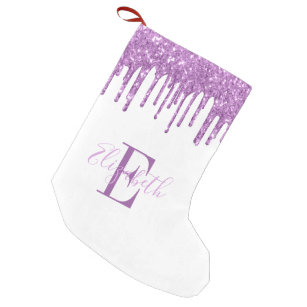 Elegant Monogram Purple Faux Glitter Drips Small Christmas Stocking