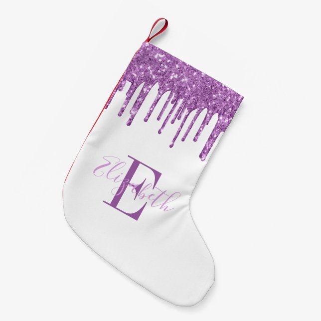 Elegant Monogram Purple Faux Glitter Drips Small Christmas Stocking (Front (Hanging))
