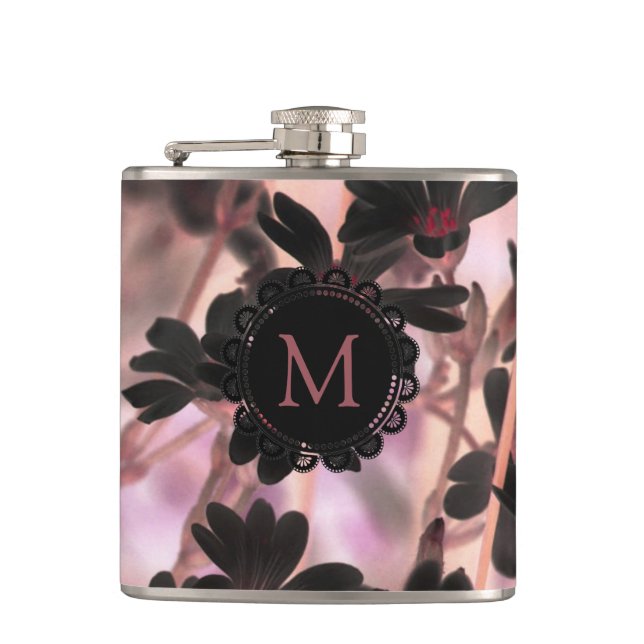 Elegant Monogram Purple Flowers Hip Flask (Front)