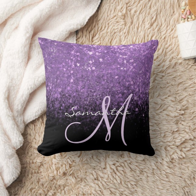 Elegant Monogram Purple Glitter & Black  Cushion (Blanket)