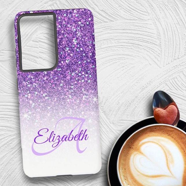 Elegant Monogram Purple Glitter Ombre First Name Samsung Galaxy S21+ Case (custom phone case back design)