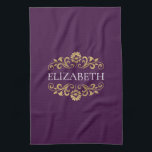 Elegant Monogram Purple Gold Kitchen Towel<br><div class="desc">An elegant and chic purple and gold flourish monogram kitchen towel. Add your name between the gold floral flourish on the front. Designed for you by Blackberry Boulevard.</div>