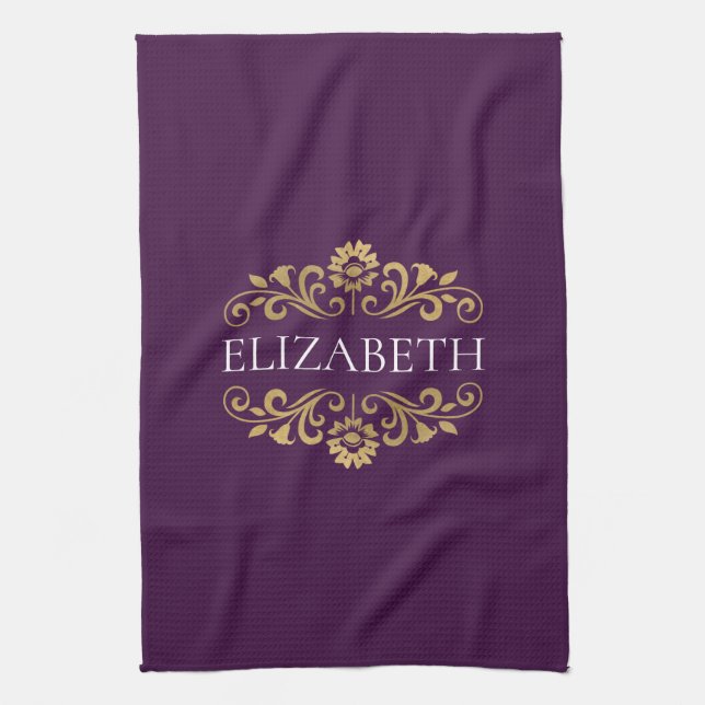 Elegant Monogram Purple Gold Kitchen Towel (Vertical)