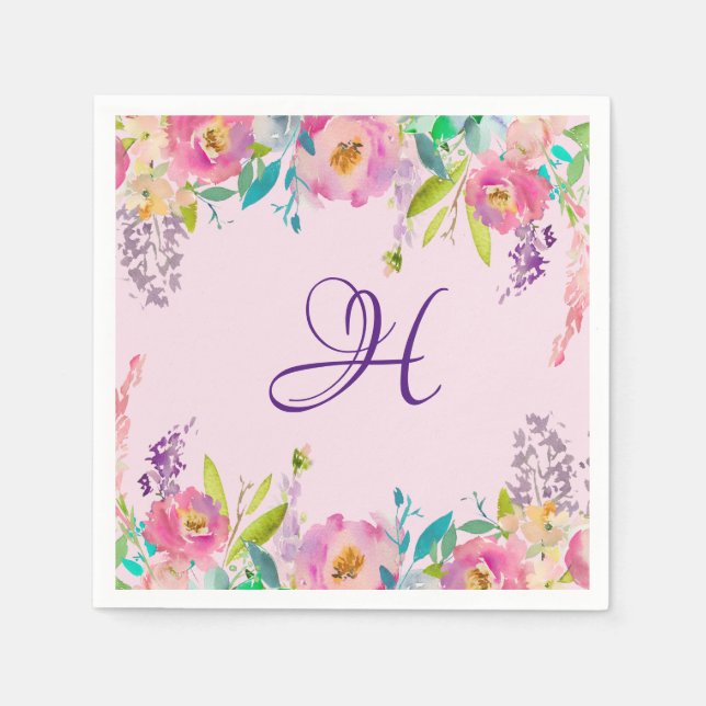 Elegant Monogram Purple Pink Spring Floral Napkin (Front)