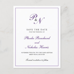 Elegant Monogram Purple Wedding Save the Date Announcement Postcard