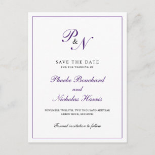 Elegant Monogram Purple Wedding Save the Date Announcement Postcard