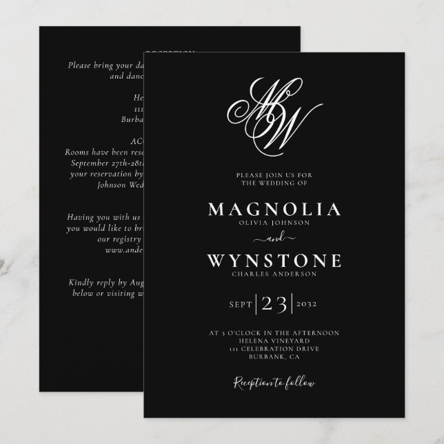 Elegant Monogram QR Code All in One Wedding Invitation (Front/Back)