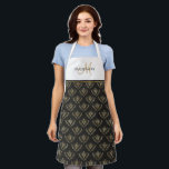 Elegant Monogram, Queen Bee, Black and Gold Apron<br><div class="desc">Add your own initial and name and make this gorgeous queen bee apron your very own! Exquisite queen bee pattern with black background and bees in faux gold. Top area in white with you initial in hand written Script in gold tone and name in black block typography. Gold stripe joining...</div>