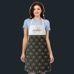 Elegant Monogram, Queen Bee, Black and Gold Apron<br><div class="desc">Add your own initial and name and make this gorgeous queen bee apron your very own! Exquisite queen bee pattern with black background and bees in faux gold. Top area in white with you initial in hand written Script in gold tone and name in black block typography. Gold stripe joining...</div>