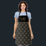 Elegant Monogram, Queen Bee, Black with Gold Apron<br><div class="desc">Add your own initial and name and make this gorgeous queen bee apron your very own! Exquisite queen bee pattern with black background and bees in faux gold. Top area in black with gold tone name initial in hand written Script and name in block typography. Gold stripe joining both black...</div>