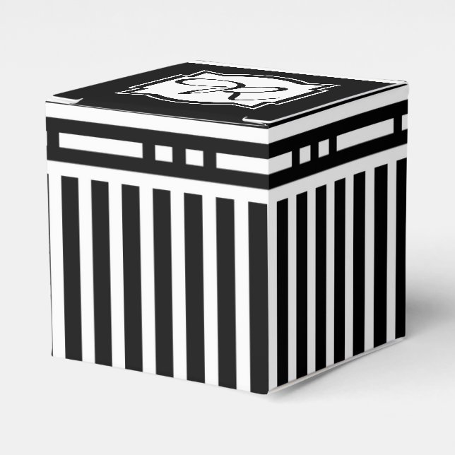Elegant Monogram R Striped Black and White Favour Box (Front Side)