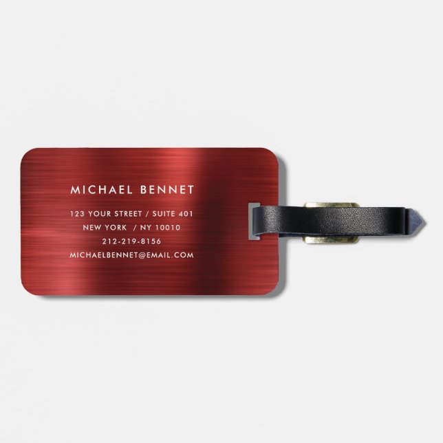 Elegant Monogram Red Brushed Metal Luggage Tag (Back Horizontal)