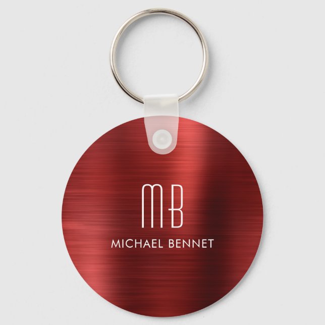Elegant Monogram Red Faux Brushed Metal Keychain (Front)