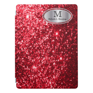 Elegant Monogram Red Glitter and Silver iPad Pro Cover