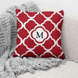 Elegant Monogram Red Quatrefoil Pattern Cushion