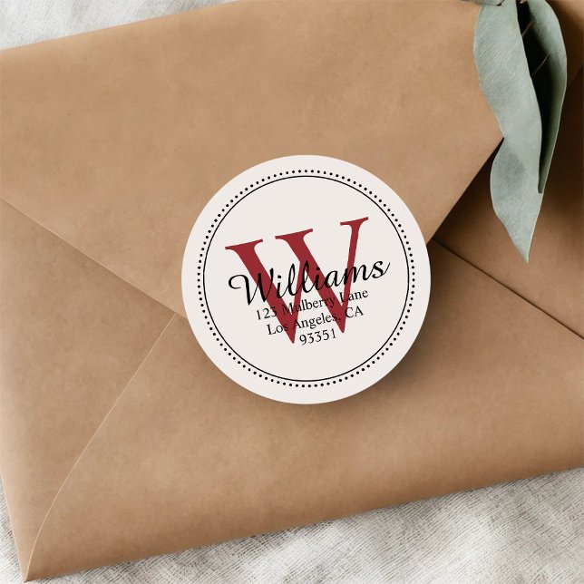 Elegant Monogram Red Return Address Classic Round Sticker (Creator Uploaded)