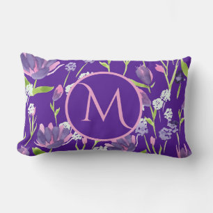 Elegant Monogram Romantic Pink Purple Floral Lumbar Cushion