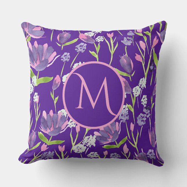 Elegant Monogram Romantic Purple Feminine Floral Cushion (Front)