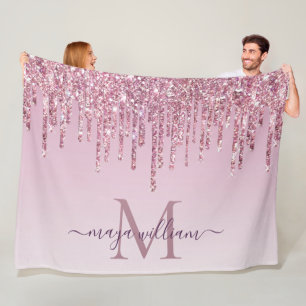 Elegant Monogram Rose Glitter Drips  Fleece Blanke Blanket