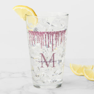 Elegant Monogram Rose Glitter Drips Glass