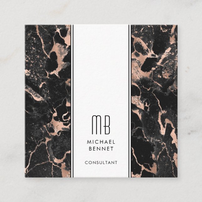 Elegant Monogram Rose Gold Black Consultant Square Business Card (Front)