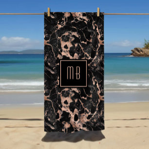 Elegant Monogram Rose Gold Black Marble Beach Towel