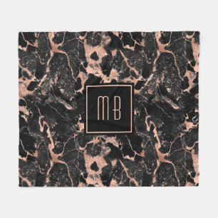 Elegant Monogram Rose Gold Black Marble Fleece Blanket