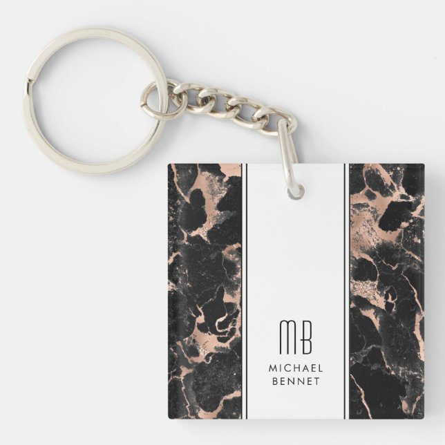 Elegant Monogram Rose Gold Black Marble  Key Ring (Front)