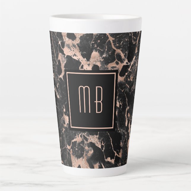 Elegant Monogram Rose Gold Black Marble  Latte Mug (Front)