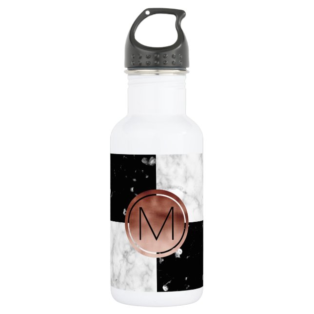Elegant monogram rose gold black white marble 532 ml water bottle (Front)