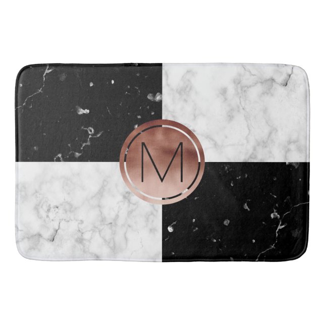 Elegant monogram rose gold black white marble bath mat (Front)